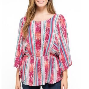 Savanna Jane Aztec Babydoll Top Womens Medium Pink Turquoise Boho Cinched Waist